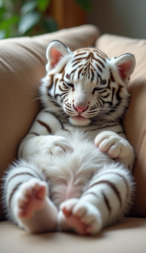 A cute white tiger cub,Real animals, With eyes closed, Cute and cuddly,Fluffy, Delicate and exquisite, Real little tiger,Leaning upright on the sofa,Furry and cute big belly,The pattern on the belly is the same as the body,My belly is very big.,The pattern on the belly is the same as the body,Strike a sexy pose,