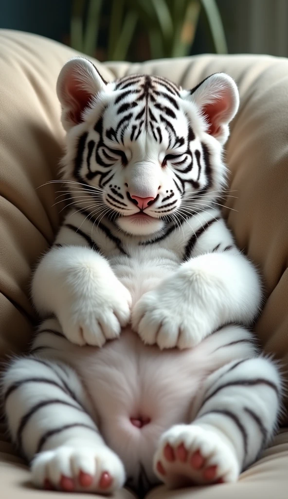 A cute white tiger cub,Real animals, With eyes closed, Cute and cuddly,Fluffy, Delicate and exquisite, Real little tiger,Leaning upright on the sofa,Furry and cute big belly,The pattern on the belly is the same as the body,My belly is very big.,The pattern on the belly is the same as the body,Strike a sexy pose,