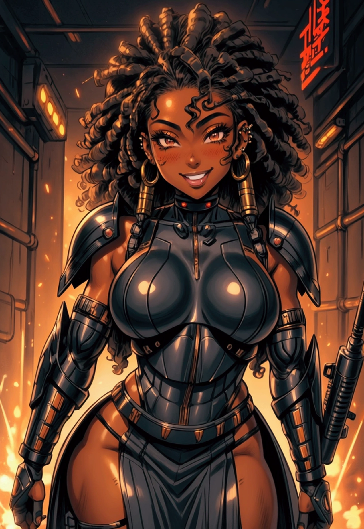 Military uniform, blasian, big curly hair, gyaru, yamanba style, brown skin, big breasts, muscular, soldier, holding gun, smiling, black eyes, downturned eyes, dystopian, tech, sci-fi, futuristic, black hair, bangs, big eyelashes, Ganguro, dark skin, dark-skinned female, white makeup, eyeshadow, piercings, tanned skin, shiny skin, metallic tan, armor, detailed