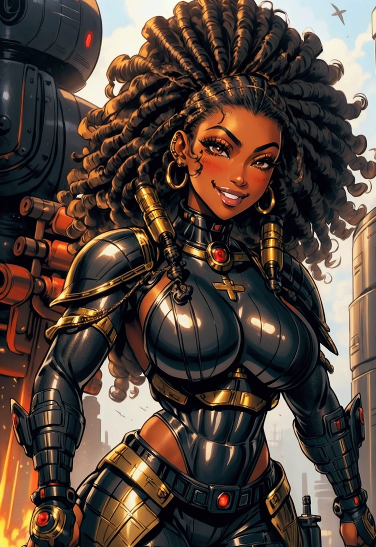 Military uniform, blasian, big curly hair, gyaru, yamanba style, brown skin, big breasts, muscular, soldier, holding gun, smiling, black eyes, downturned eyes, dystopian, tech, sci-fi, futuristic, black hair, bangs, big eyelashes, Ganguro, dark skin, dark-skinned female, white makeup, eyeshadow, piercings, tanned skin, shiny skin, metallic tan, armor, detailed