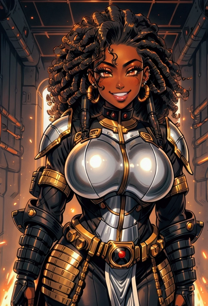 Military uniform, blasian, big curly hair, gyaru, yamanba style, brown skin, big breasts, muscular, soldier, holding gun, smiling, black eyes, downturned eyes, dystopian, tech, sci-fi, futuristic, black hair, bangs, big eyelashes, Ganguro, dark skin, dark-skinned female, white makeup, eyeshadow, piercings, tanned skin, shiny skin, metallic tan, armor, detailed