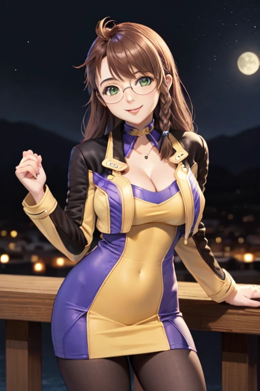 masterpiece, Highest quality,  xs1 Shion, Glasses, Braiding, Yellow Jacket, Cleavage, Purple and yellow dress, pantyhose, Big Breasts, Looking at the audience, smile, Are standing, Cowboy Shot, Mouth closed, Tilt your head, Night Sky