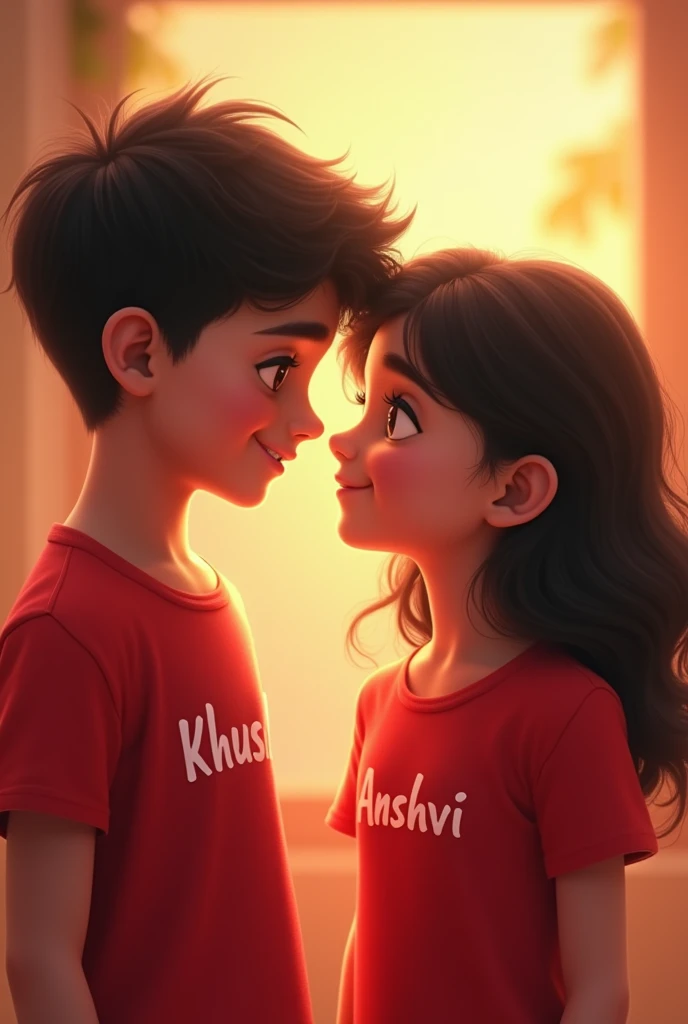 one boy wearing red t-shirts and inside writen khush purposing one girl wearing red t-shirts writen anshvi