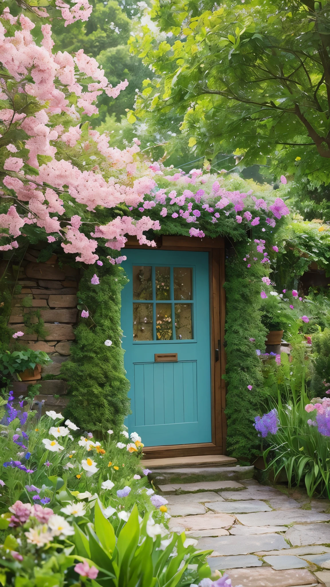 A charming cottage with a quaint facade and a wooden door, complete with a small chimney, is nestled in a magical garden overflowing with an abundance of colorful, whimsical flowers. The garden is a vibrant tapestry of blossoms in every imaginable hue, creating a dreamlike landscape. Gentle rain is falling, casting a delicate sheen on the flowers and making them shimmer with an ethereal glow. The sky is cloaked in soft, billowing clouds, and the misty drizzle adds a layer of enchantment to the scene. Tiny, glowing fireflies hover among the flowers, and faint, magical sparkles seem to dance in the air. Warm, inviting light spills from the cottage windows, contrasting beautifully with the dreamy, rain-kissed garden. The overall atmosphere is one of serene enchantment and fairy-tale wonder
