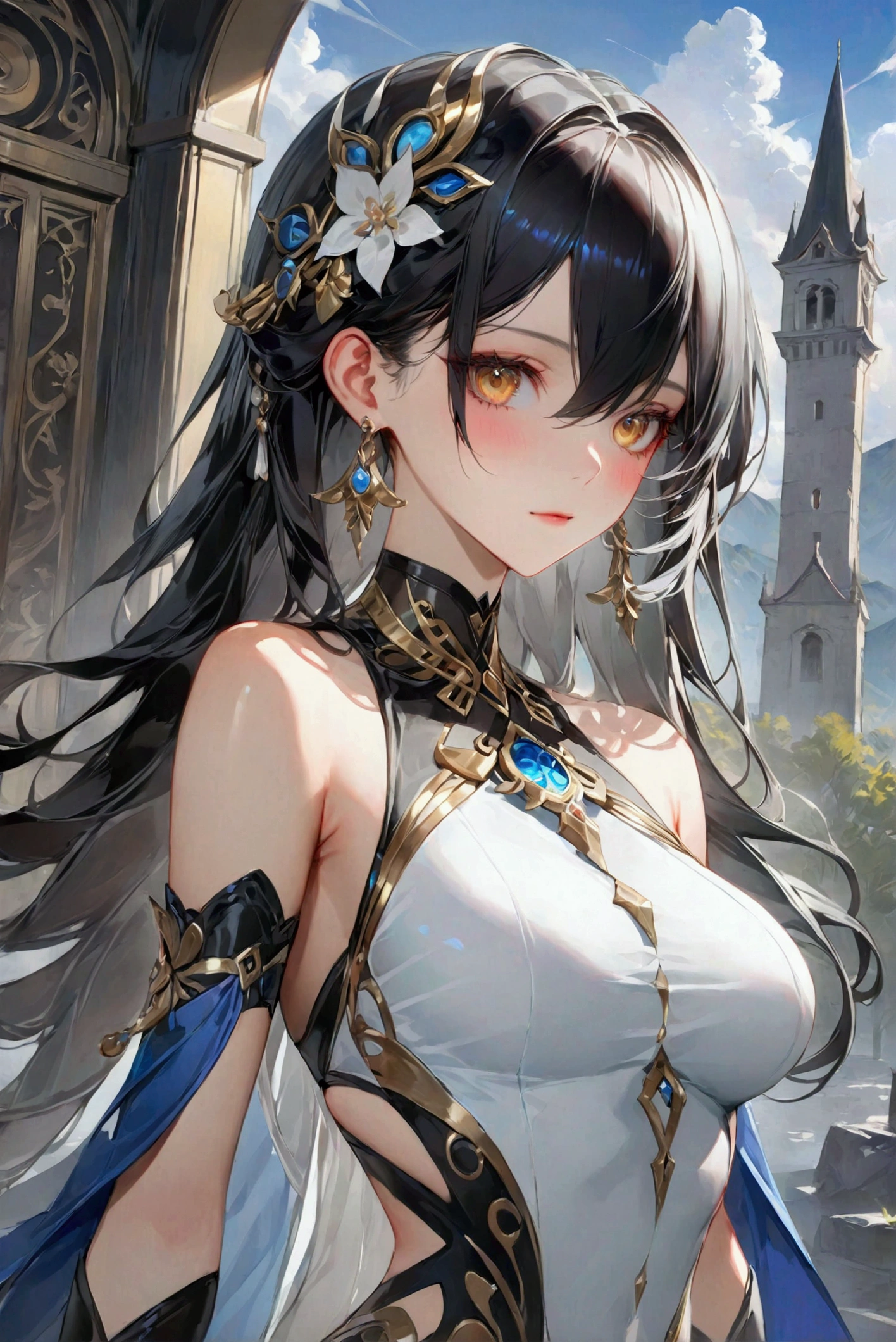 Long smooth straight black hair, inner colored white hair, golden eyes, slender and athletic built, genshin themed clothing, masterpiece, super detail, best quality, 8k,semi-realistic