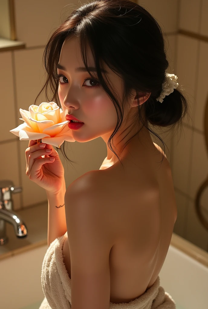 Hot japanese girl standing in bathroom rose licking