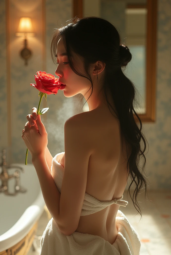 Hot japanese girl standing in bathroom rose licking