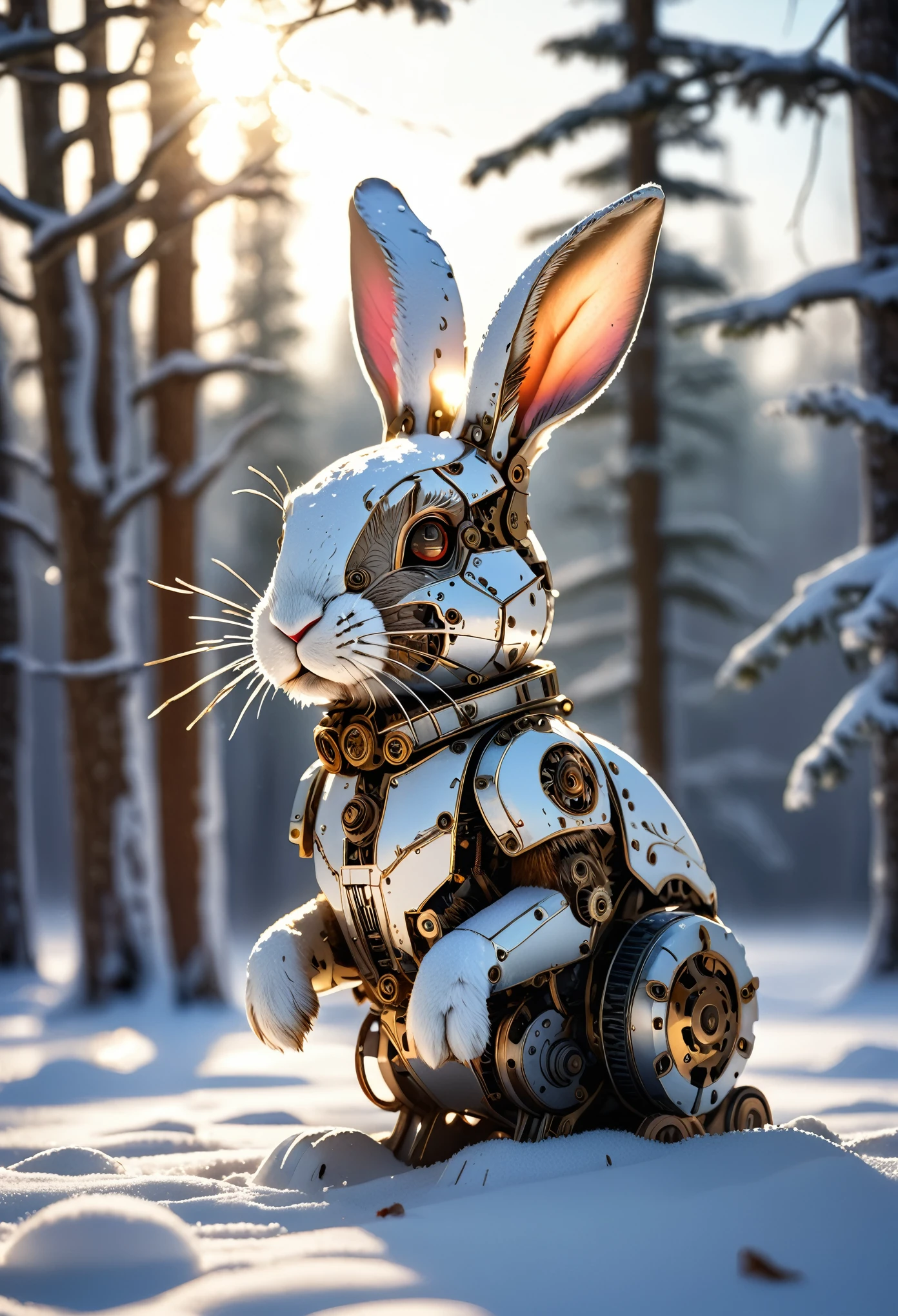 Mechanical rabbit abandoned in the snow, Snowy Plains, Forest background, Natural light, Snow reflects light, Peeking out from the snow, Blending in with the snow,  Carefully drawn, Nervousness and excitement, Snowy forest background, Soft Focus, Cinema Lighting, Exquisite detail, (Highest quality:1.2, Very detailed, masterpiece:1.2