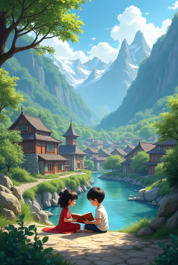 A small village and a beautiful, young child who has a big brother student. They read the book and follow along beautifully. This student goes to school. This and the village are very beautiful. The majestic trees, the towering mountains, and the running water.