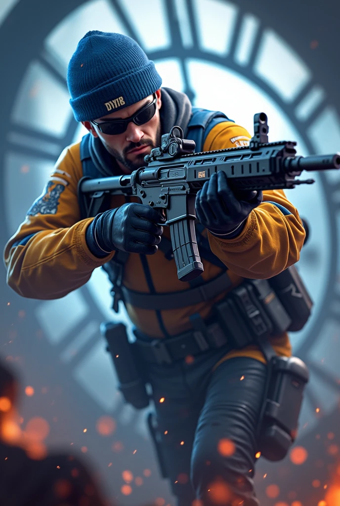 Freefire game character wearing blue elite pass .
 On hand cobra MP40 gun max  in game there is in full Aggressive in barmoda mode in clock tower in men character in game and on hand weapon in combat 