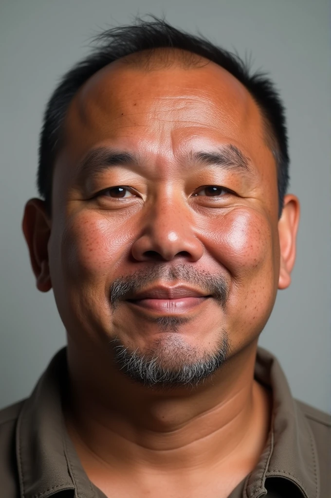 Create a realistic Facebook profile picture of Mark Ah Chee from Milne Bay Province of Papua New Guinea. He is chubby and has reddish dark skin, is clean shaven, and has shorter hair. In his early 40's. 5th generation Papua New Guinea. He looks more Papua New Guinea than Chinese but still has slight Chinese facial features in his eyes, big forehead, and rat round face, with male pattern baldness.