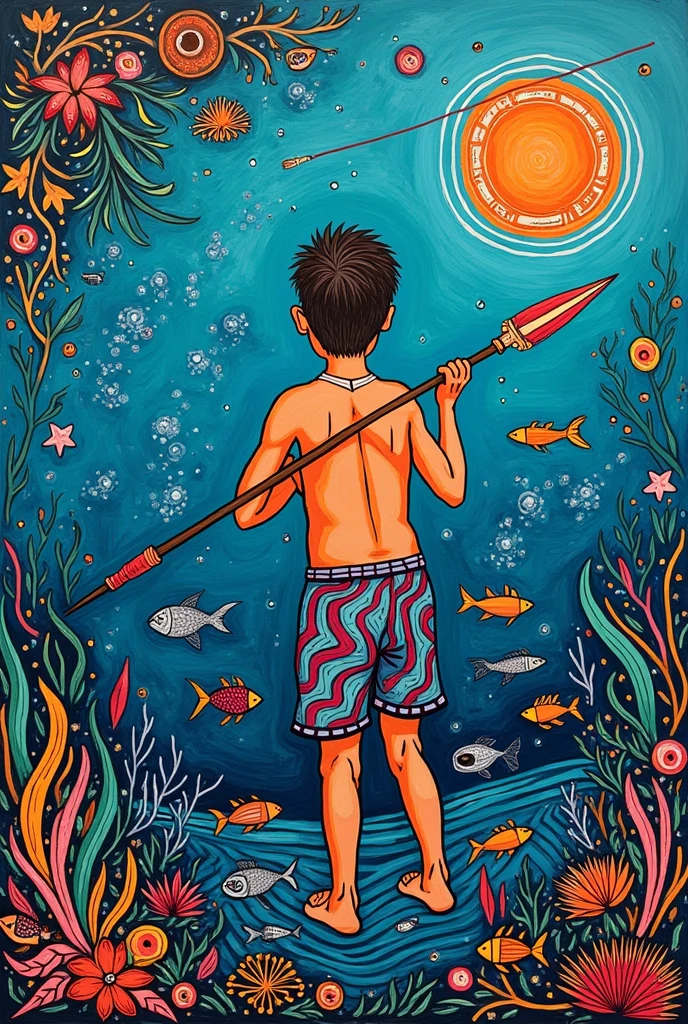 create an abstract poster created by child of traditional spear fishing with a title of wadawurrung fishing