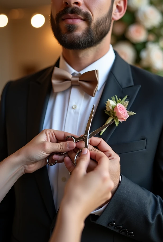 Groom's bow at a wedding cut with scissors