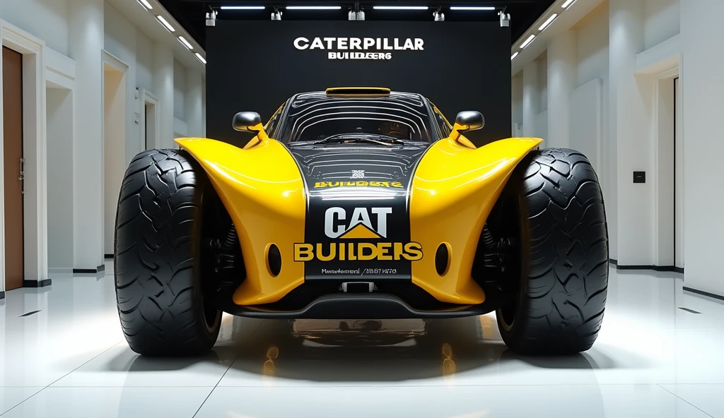 A stunning, futuristic ( Caterpillar bulldozer 2025 ) takes center stage in a luxury white showroom. The vibrant (yellow) exterior gleams, drawing attention to its sleek, aerodynamic design and bold accents. The (Caterpillar builders 2025) " is prominently displayed in large, metallic letters on the bulldozer, set against a dark wall. The ( front ) view showcases the cutting-edge innovation and technology of its time, inviting potential buyers to experience the future of automotive design and performance. This awe-inspiring image promises an unparalleled driving experience