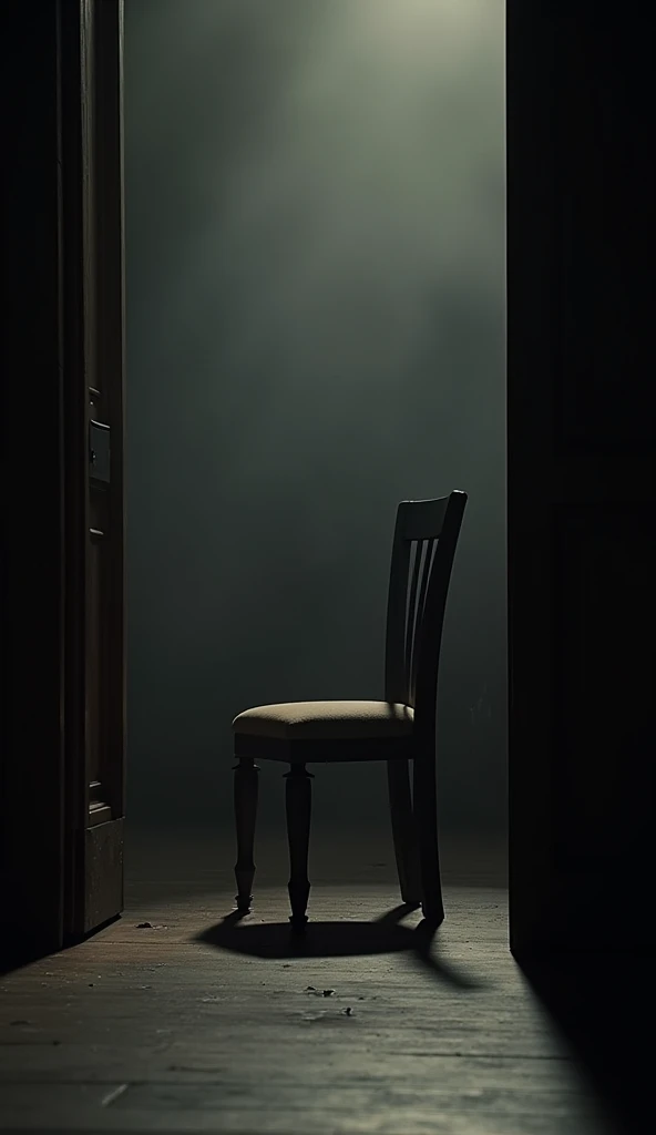 A cinematic shot focusing on an empty chair where John F. Parker, the bodyguard, should have been seated. The chair is at the entrance to Lincoln’s box, symbolizing the absence of security.