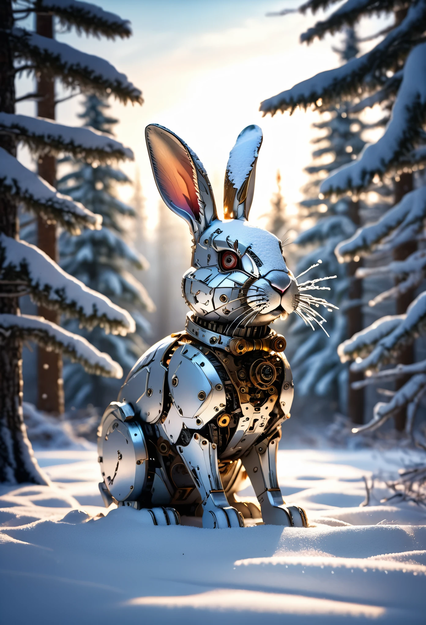 Mechanical rabbit abandoned in the snow, Snowy Plains, Forest background, Natural light, Snow reflects light, Peeking out from the snow, Blending in with the snow,  Carefully drawn, Nervousness and excitement, Snowy forest background, Soft Focus, Cinema Lighting, Exquisite detail, (Highest quality:1.2, Very detailed, masterpiece:1.2