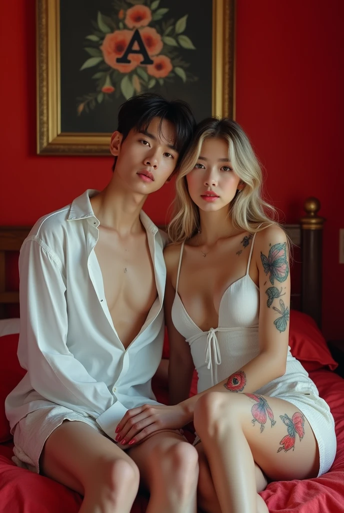 Generate me a photo of an Argentine girl, with a good bust, blue-eyed blonde with tears in her eyes, a crying butterfly tattoo on the legs of a boy with Korean features with not so slanted eyes with a white shirt full of red lipstick kisses and unbuttoned pants with a lip piercing. Both full body and white skin. In a red room on a bed and in a painting hanging on the wall there is a letter A & With