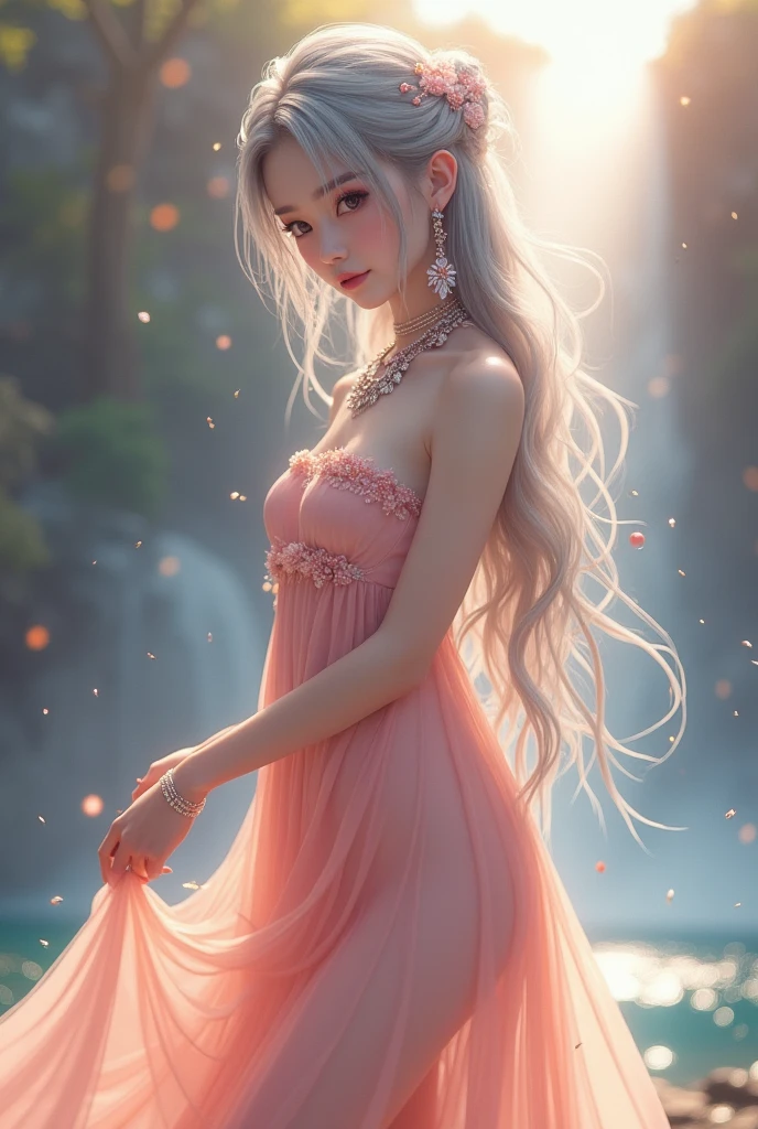 Light peach pink dress、thong&good,(((Very elegant and beautiful、Perfect detail、Very detailed))),whole body,Top quality,Depth of the boundary,美しい細部のwhole body,Thin legs,One person、very long straight hair、Spiky Hair、gray and silver hair、Beautiful detailed hair、Perfect Face、Expressionless and beautiful. Beautiful. Detailed.、 Deep Eyes、Please open your mouth a little、Delicate arms and hands、Pale Skin、Earrings、Beautiful and gorgeous necklace、Colorful background、HD Background、Blurred background,Very delicate and beautiful,masterpiece,(((Highest quality,Very beautiful 8K CG wallpaper))),(((Trendy Hairstyles))),(Mysterious lake below the waterfall、goddess、Water Fairy)、Large Breasts、firefly、Fairy powder、Illustration、Sparkle Effect, Lens flare, Surrealism, Gentle colors, Soft Light, realism, Digital Art, Anime Style, Illustration,