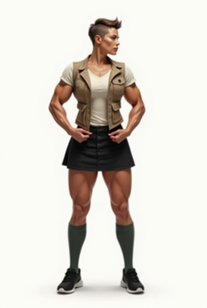 ((Highest quality)), ((masterpiece)), (One person), (Women like bodybuilders), Off-white short-sleeved shirt with light brown vest、A muscular man with a bodybuilder-like build wearing a knee-length black skirt, dark green socks and black shoes.々Short-haired woman、Background is white