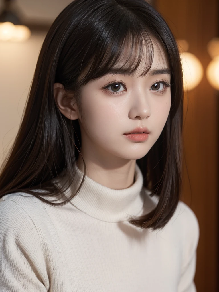 masterpiece, 美しい少女1 person, detailed, Swollen eyes, Highest quality, 超High resolution, (reality: 1.4), Original photo, 1 person, Cinema Lighting, (Laughter:0.6), Japanese, Asian Beauty, Korean, Proper, really beautiful, A little young face, Beautiful Skin,Orange Hair、 Thin and large, Black sweater、Cyberpunk Background, (超reality的な), (Awareness-raising), (High resolution), (8k), (非常にdetailedな), (The best Awareness-raisingns), (美しくdetailedな目), (超detailedな), (wallpaper), (detailedな顔), Looking at the audience, detailed, detailed face、Deep Shadow、Inconspicuous、Pure erotic face ace_v1、46 point diagonal bangs、Look straight ahead、Dress neatly、Iris、