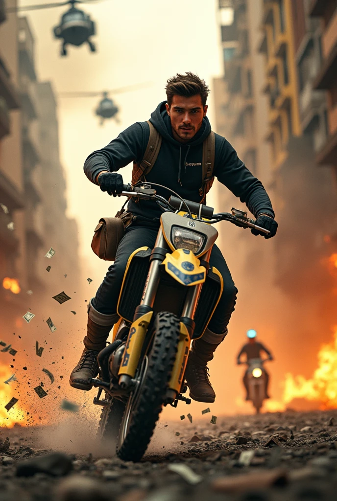 Un beau garçon conduit un moto cross husqvarna dans la rue en plein guerre civile . Il est poursuivi par des policiers et deux hélicoptère. Beaucoup d'argent tombe par terre sorti de son sac. Houses are burning around him