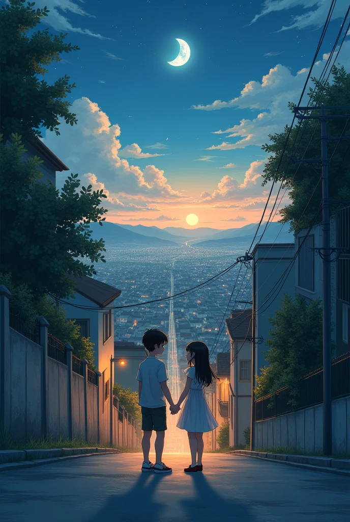 A boy and a girl holding hands on an uphill street staring at each other at the top of the hill in the city without mountains, Without those bushes, let it be a street without those trees or bushes, let it be a street that connects to the top of the climb and the moon shining in the sky and from the street going up below you can see the town covered by houses  
