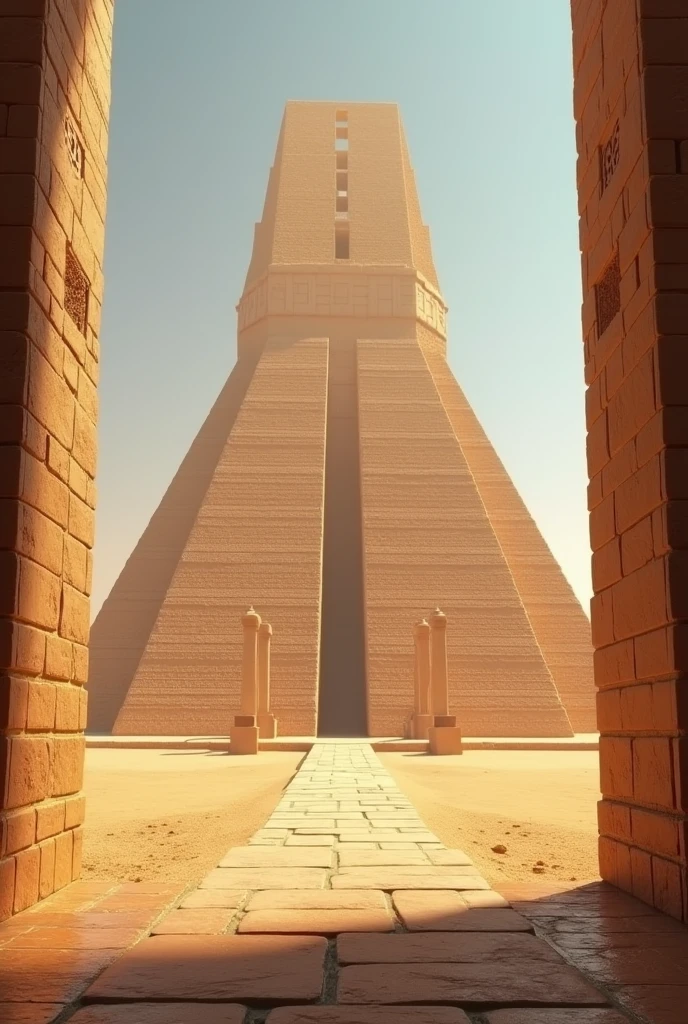 Ziggurat, graphic, facing here, floor brown, desert background 