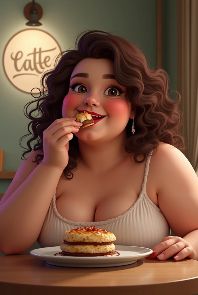Chubby woman curly hair small eyes brunette eating dessert logo