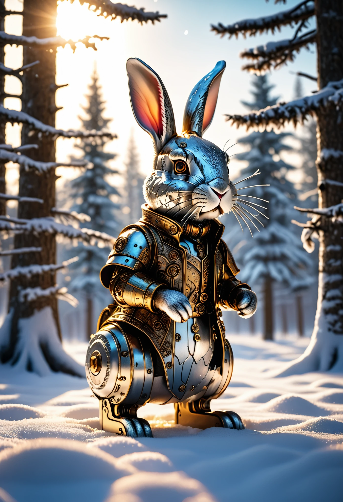 Mechanical rabbit abandoned in the snow, Snowy Plains, Forest background, Natural light, Snow reflects light, Peeking out from the snow, Blending in with the snow,  Carefully drawn, Nervousness and excitement, Snowy forest background, Soft Focus, Cinema Lighting, Exquisite detail, (Highest quality:1.2, Very detailed, masterpiece:1.2