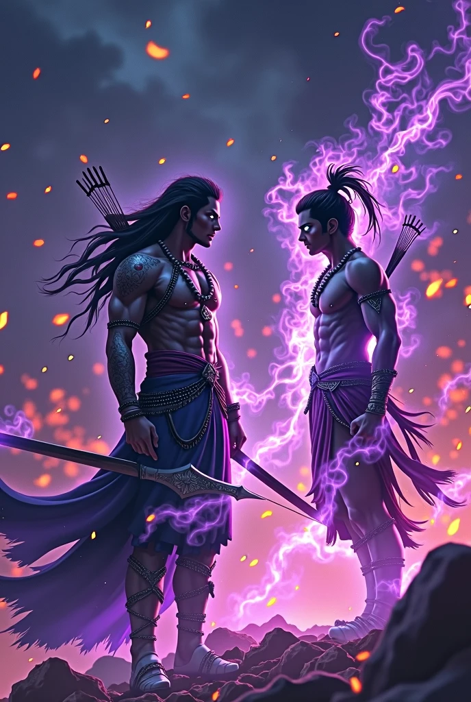 A ragegous fight by karna against arjuna from the swirling purple flames, glowing white eyes piercing the smoke. The background is predominantly dark, highlighting the intensity of the fiery colors and the sinister presence of the figure, which is surrounded by chaotic Mahabharata war, an Archer fight between ghandeev bearer Arjun and Vijay bow ( godly armour) bearer karn ,flickering flames that evoke a sense of confidence and power. anime, anime style, 4k, 8k, good quality, zoom face, wallpaper size, FACE of the worlds