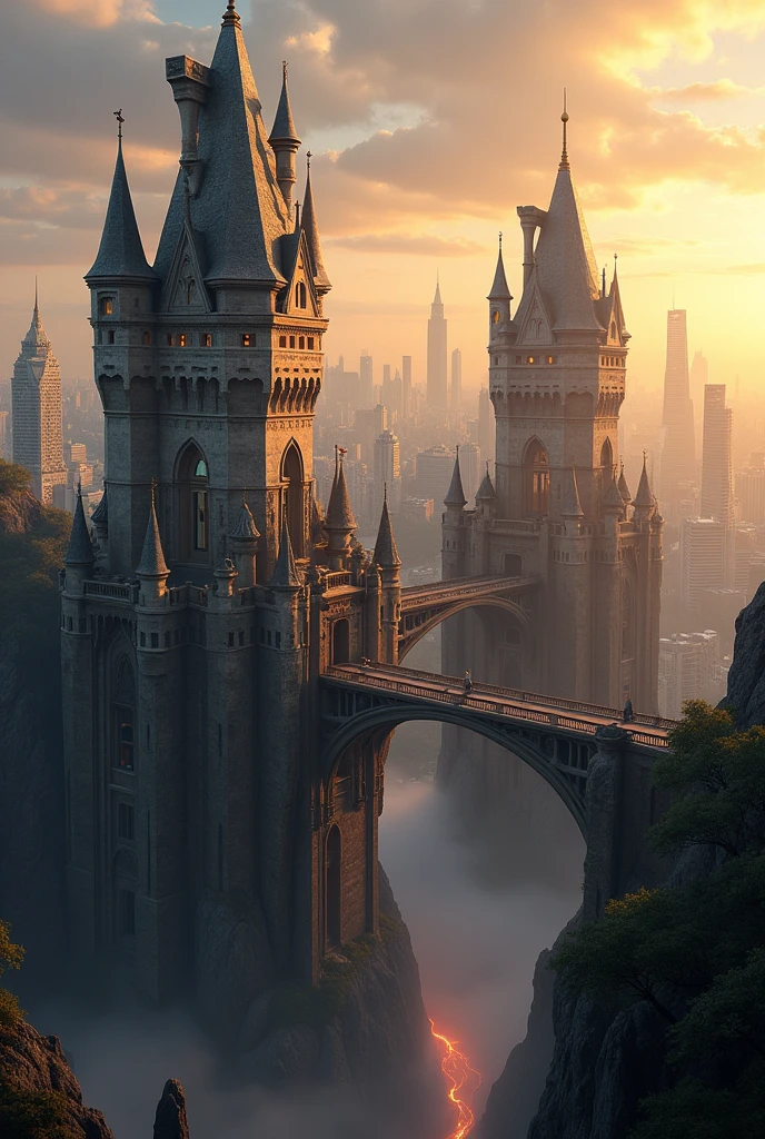 High castle-like towers are shrouded in the sunset in the middle of a modern metropolis. The towers are connected by a precarious bridge.