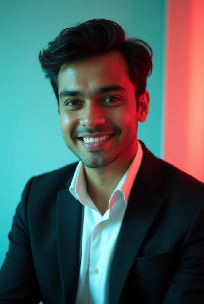 A young man with dark hair and a confident smile.and bangali face. He is dressed in a black blazer over a white shirt. The man is positioned against aqua colour backdrop with a subtle red lighting on the left side. and he posing for Linkedin profile