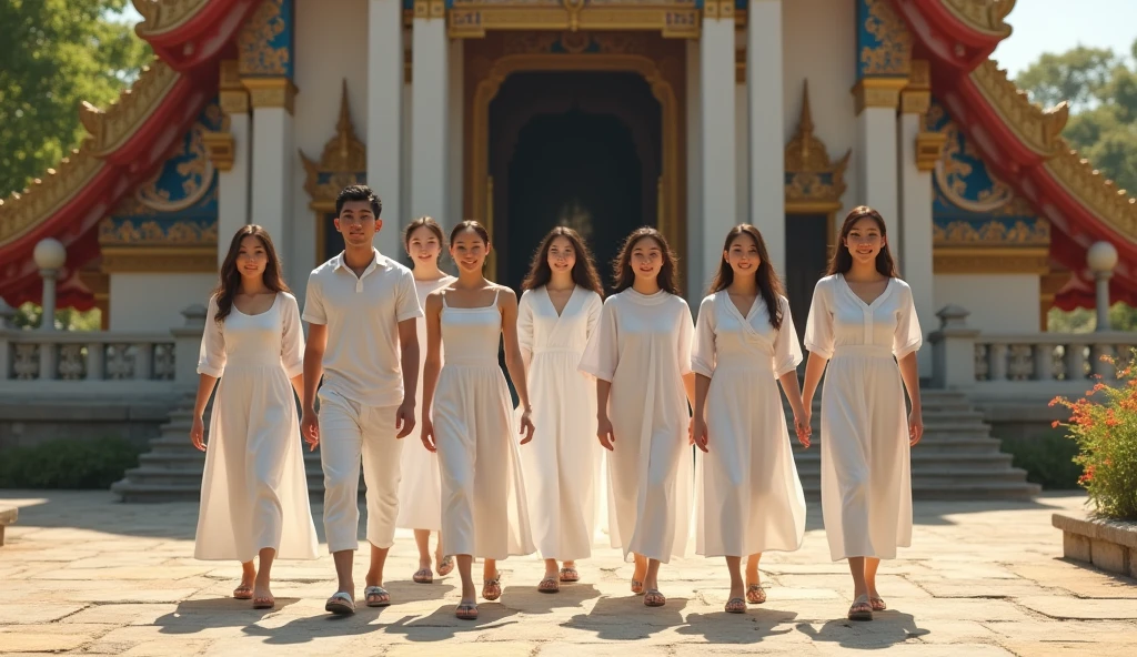 A khmer of 10 young woman and young man, wear white walk to the Khmer pagoda