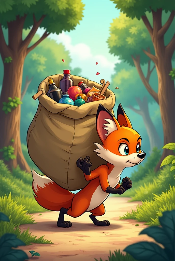 Animated cartoon A fox that struggling to carrying his bag