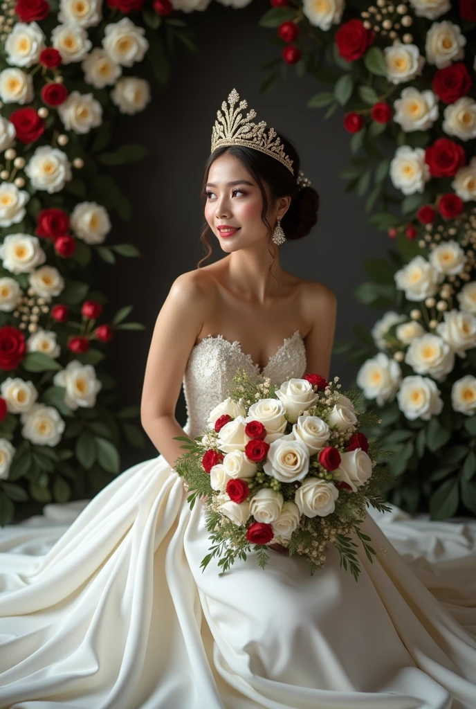 Hyper-realistic images of 4k. featuring a beautiful Indonesian bride with perfect make-up, wearing a white flowing wedding dress, crown, The bouquet was mostly white roses with hints of red and gold, decorated with a gold diamond brooch. dynamic pose. sitting on the floor the dress covers the legs. The dramatic background is decorated with white and red roses.