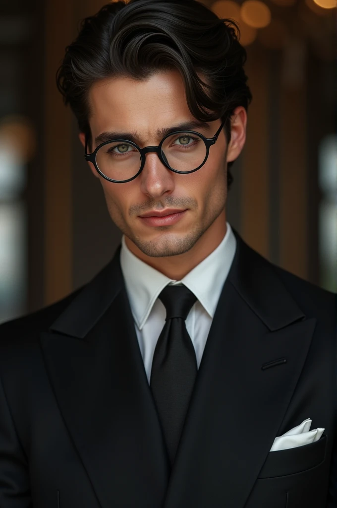 A lawyer with specs looking sexy yet gentle. Have a subtle smile and clean shaved. Eyes are piercing yet passionate. Hair style is like 1920 . Little slick and front long hair brushed neatly. 