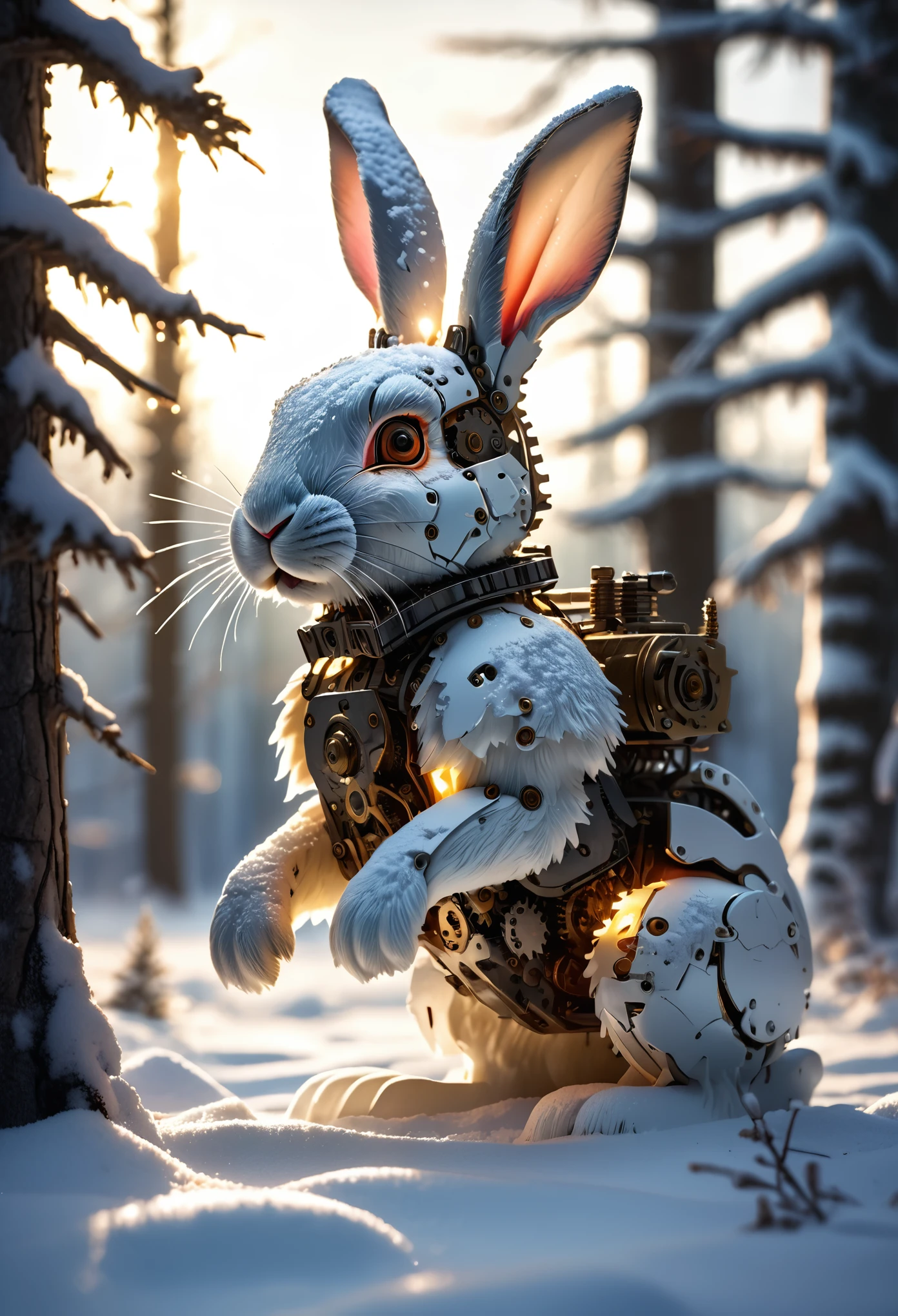 Mechanical rabbit abandoned in the snow, Snowy Plains, Forest background, Natural light, Snow reflects light, Peeking out from the snow, Blending in with the snow,  Carefully drawn, Nervousness and excitement, Snowy forest background, Soft Focus, Cinema Lighting, Exquisite detail, (Highest quality:1.2, Very detailed, masterpiece:1.2