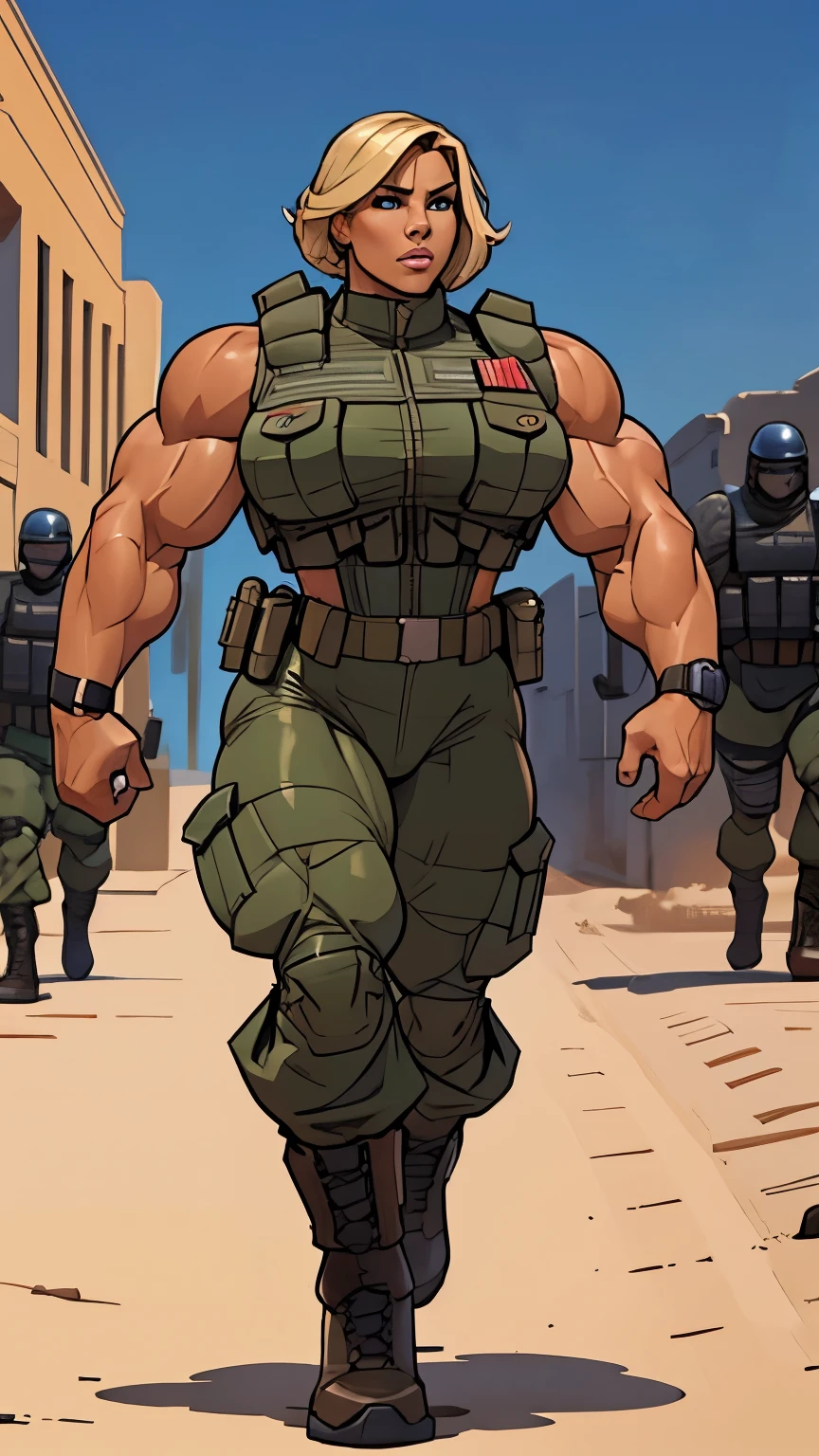 1 girl, super soldier girl, color sketch, beautiful woman, short blond hair, extremely tanned, arabian face, dressed in a special forces uniform, tactical vest, strong, well-defined muscles, bulky powerful bodybuilder physique, excellent muscle definition, Perfect muscular body, massive muscular thighs, perfect round silicone breasts, topless, running in the middle of battle