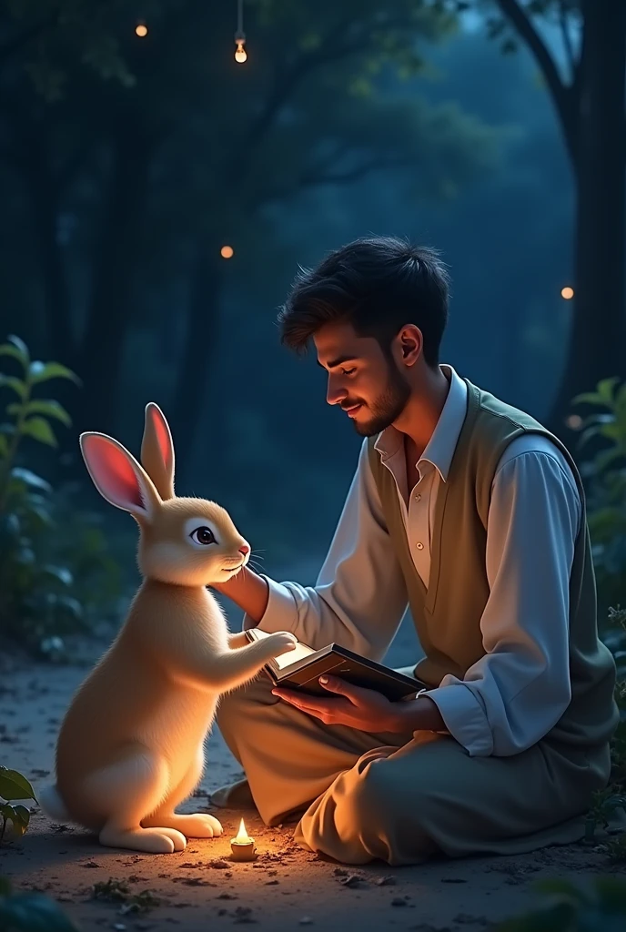 Ali sitting beside Bobo at night, gently stroking the rabbit's fur with one hand and holding a prayer book in the other, his face filled with hope and care.