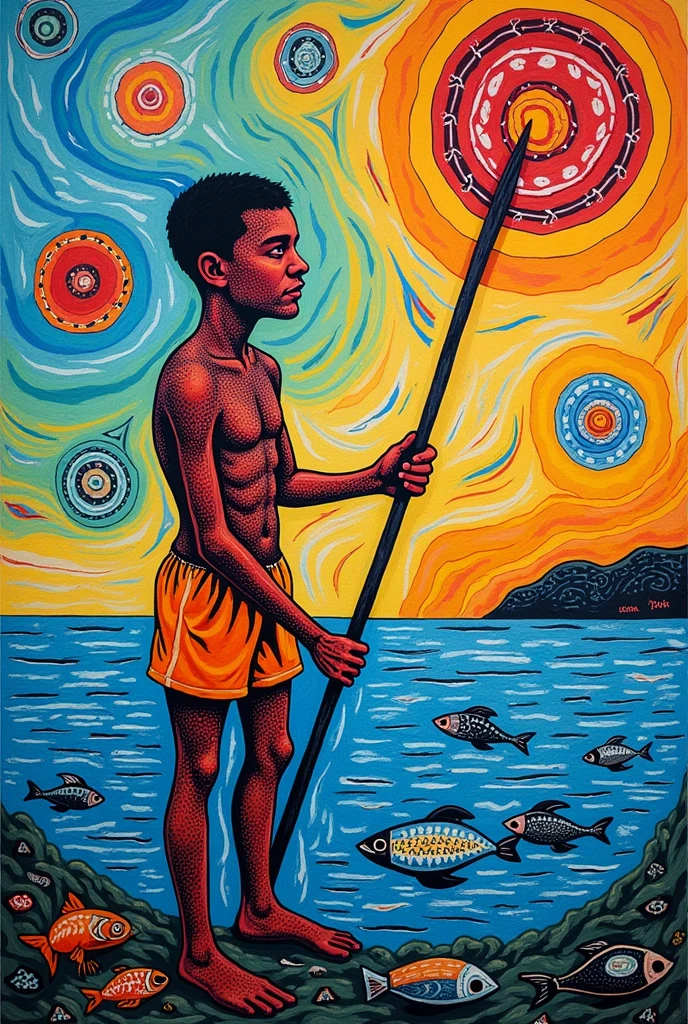 create an abstract poster created by child of traditional spear fishing with a title of wadawurrung fishing showing the importance of spear fishing