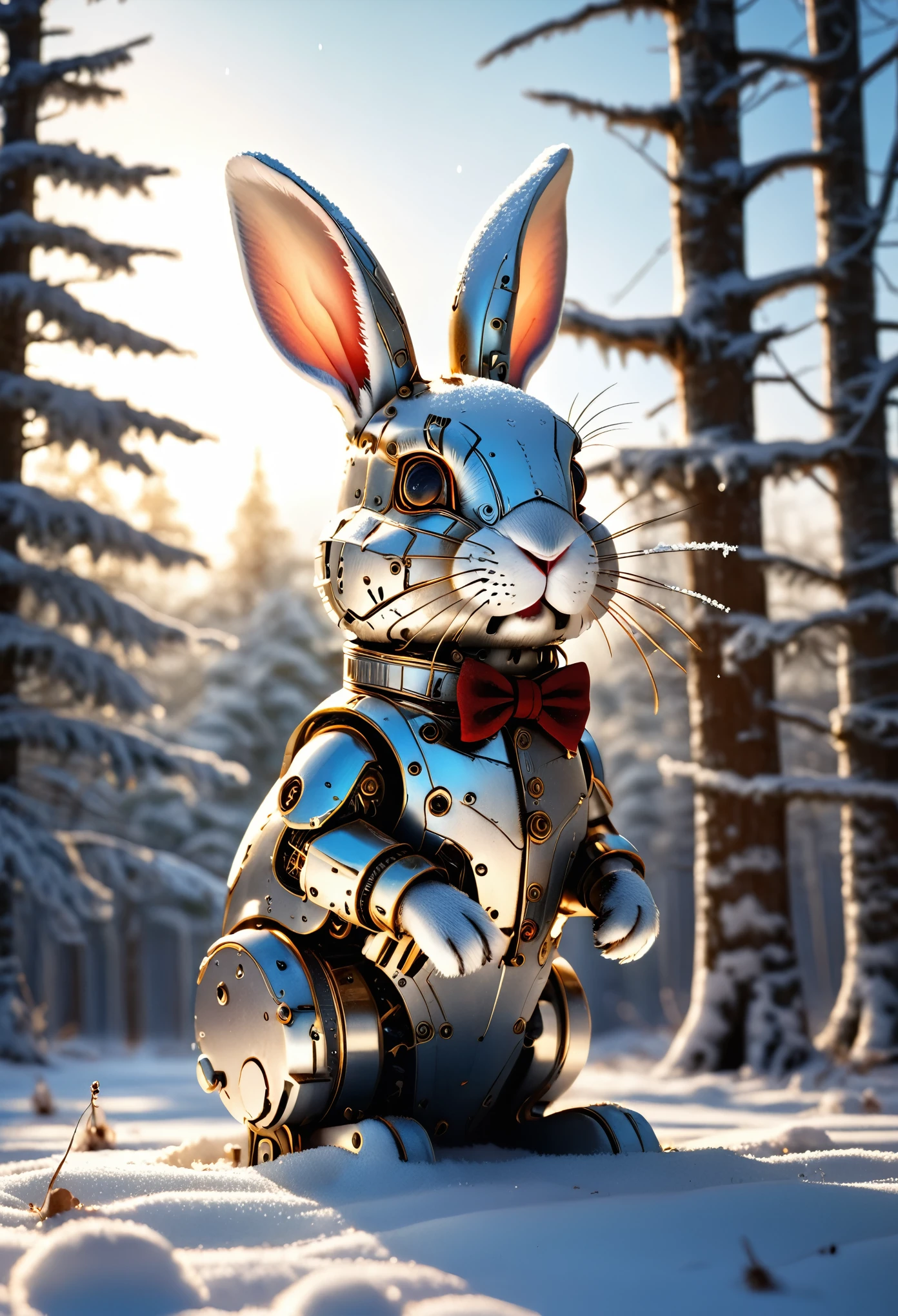 Mechanical rabbit abandoned in the snow, Snowy Plains, Forest background, Natural light, Snow reflects light, Peeking out from the snow, Blending in with the snow,  Carefully drawn, Nervousness and excitement, Snowy forest background, Soft Focus, Cinema Lighting, Exquisite detail, (Highest quality:1.2, Very detailed, masterpiece:1.2