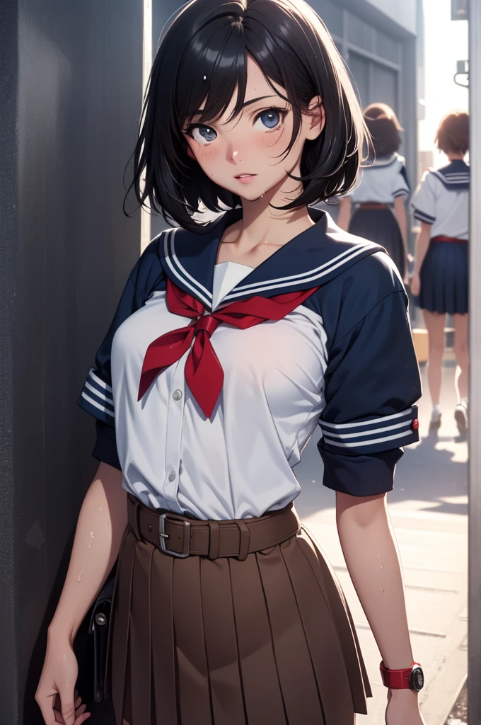 (Realistic:1.5), (masterpiece, Extremely detailed 8K CG, Sharp lines), high school girl, Black-haired, 美しいアニメのhigh school girl, Smooth anime CG art, 美しいアニメのhigh school girl, Beautiful Anime Girls, (1 beautiful girl:1.2), Detailed skin, (Glowing Skin:1.7), (Beautiful short black hair.:1.4), Beautiful black hair, blue eyes, (A lot of sweat:1.2), (Drunk Eyes:1.6), (orgasm:1.5), (In the heat:1.5), (Flat Chest:1.6), (Emaciated:1.9), (school uniform, Sailor suit, Dark blue pleated skirt:1.4), (Brown belt:1.5),(red watch:1.5),(No sleeve:1.2), (head shot:1.1), Wet, alone, one person's, (Shooting from above:1.2), (Leaning forward:1.6), In the classroom, (Open your mouth:1.3), (Tight fitting clothes:1.0), (blush:1.3), (Clear drool overflows from his mouth and drips down his chin.:1.3), (Half closed eyes:1.3), (Put your arms behind your back:1.2), (convergent strabismus:2.4), (Lament:1.2)