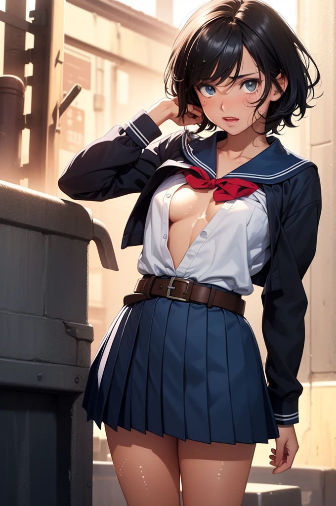(Realistic:1.5), (masterpiece, Extremely detailed 8K CG, Sharp lines), high school girl, Black-haired, 美しいアニメのhigh school girl, Smooth anime CG art, 美しいアニメのhigh school girl, Beautiful Anime Girls, (1 beautiful girl:1.2), Detailed skin, (Glowing Skin:1.7), (Beautiful short black hair.:1.4), Beautiful black hair, blue eyes, (A lot of sweat:1.2), (Drunk Eyes:1.6), (orgasm:1.5), (In the heat:1.5), (Flat Chest:1.6), (Emaciated:1.9), (school uniform, Sailor suit, Dark blue pleated skirt:1.4), (Brown belt:1.5),(red watch:1.5),(No sleeve:1.2), (head shot:1.1), Wet, alone, one person&#39;s, (Shooting from above:1.2), (Leaning forward:1.6), In the classroom, (Open your mouth:1.3), (Tight fitting clothes:1.0), (blush:1.3), (Clear drool overflows from his mouth and drips down his chin.:1.3), (Half closed eyes:1.3), (Put your arms behind your back:1.2), (convergent strabismus:2.4), (Lament:1.2)