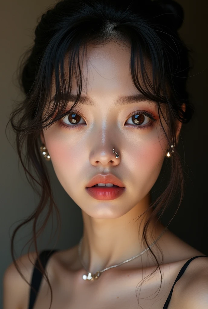 A beautiful tomboy girl big doe korean eye wearing luxury ear piercing eyebrow piercing look like