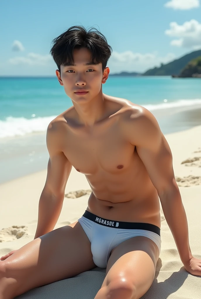 (photorealism:1.2), handsome asian boy and a  son, pale skin , shirtless, only wear undies, big bulge, sitting on the beach