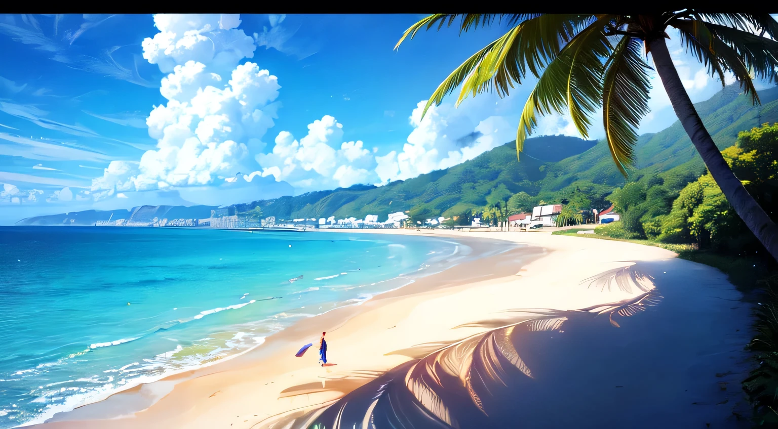 (8ก,RAW photos,Highest quality, Masterpiece,HDR,Bloom:1.2),girl,desktop wallpaper,outdoor,movie light,morning,cloud,sea,beach,summer,sky,sun,Coconut tree