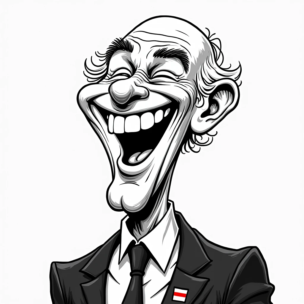 2D lineart graffiti caricature, man laughing with joy, intricate line detail, black and white, dramatic lighting, bold graphic style, dynamic pose, exaggerated features, round face, bald, 60 years old, white hair, eyebrows, suit, tie, flag lapel pin, humorous expression, high contrast