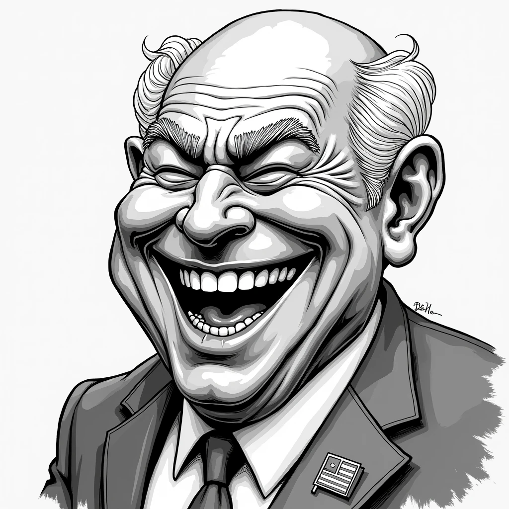 2D lineart graffiti caricature, man laughing with joy, intricate line detail, black and white, dramatic lighting, bold graphic style, dynamic pose, exaggerated features, round face, bald, 60 years old, white hair, eyebrows, suit, tie, flag lapel pin, humorous expression, high contrast