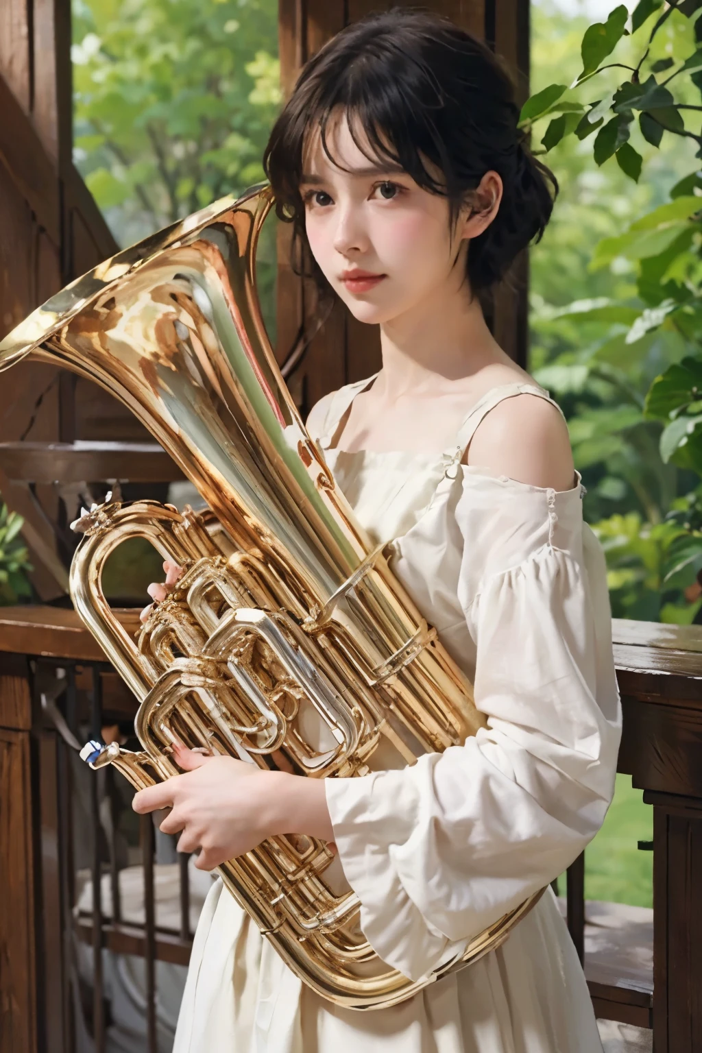 (masterpiece), (Highest quality), Oil, Classical painting, 1 person, (play the euphonium:1.2), alone, (Draw the Euphonium Shape Accurately:1.4)、Standing、(From before)、Portraiture, Exposing shoulders, (Beautiful evening dresses:1.2), Flowers、On the balcony, (Sargent Oil painting)、Realistic， Photorealist，Beautiful Face、A vivid face、Black-haired、short hair、Beautiful hairstyle、 Realistic Skin、Beautiful Skin、Charm、Cute blouse、 Upper Body，detailed，Dark Background，Backlight、Soft Light、Inspired by Edmund Leighton,