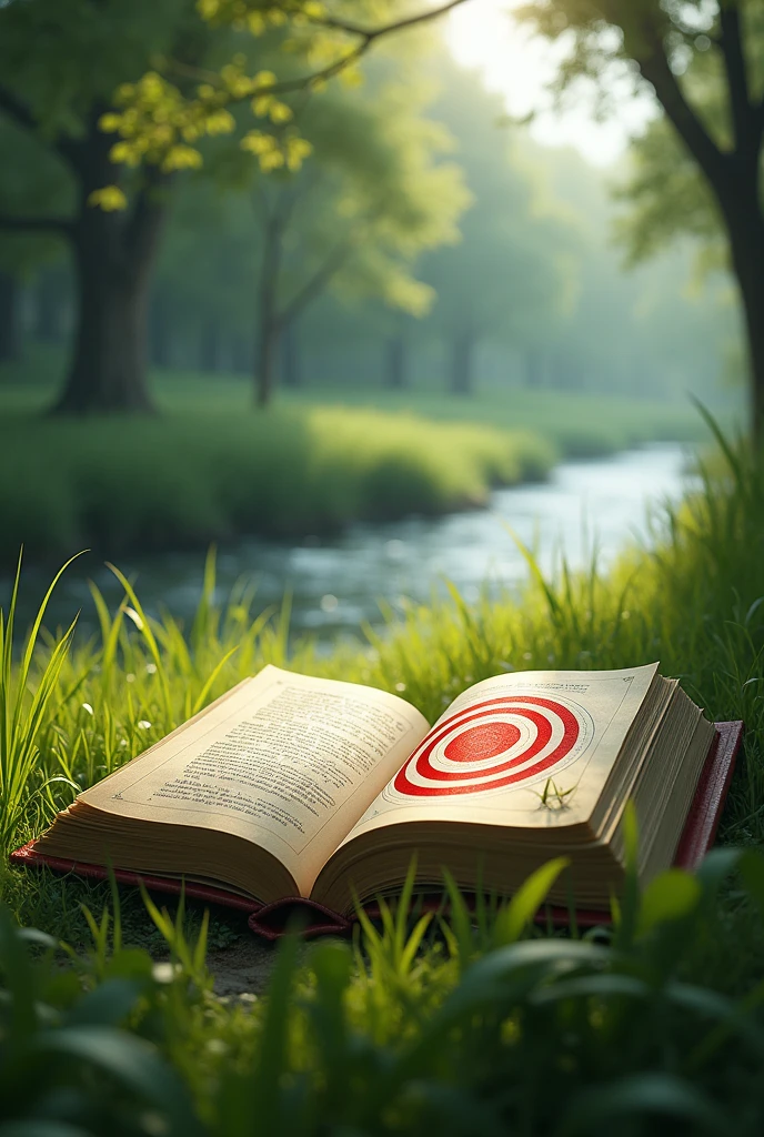 An open book lies in a soft green meadow. The pages show printed archery targets, their bright colors contrasting with the muted colors of the natural surroundings. A gentle breeze blew through the nearby trees, carrying the gentle sound of the nearby river flowing."